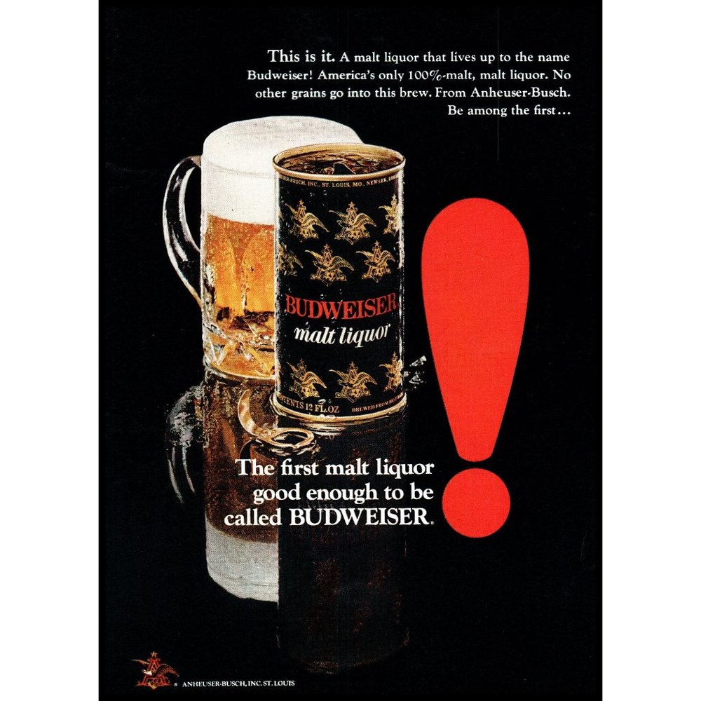 1971 Budweiser Malt Liquor Vintage Print Ad Black Can Beer Mug Wall Art Photo